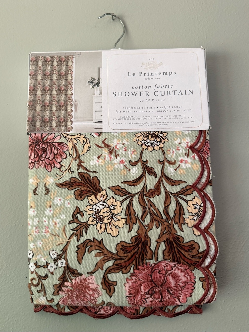 Green Floral Cotton Shower Curtain - Pink & Brown Accents